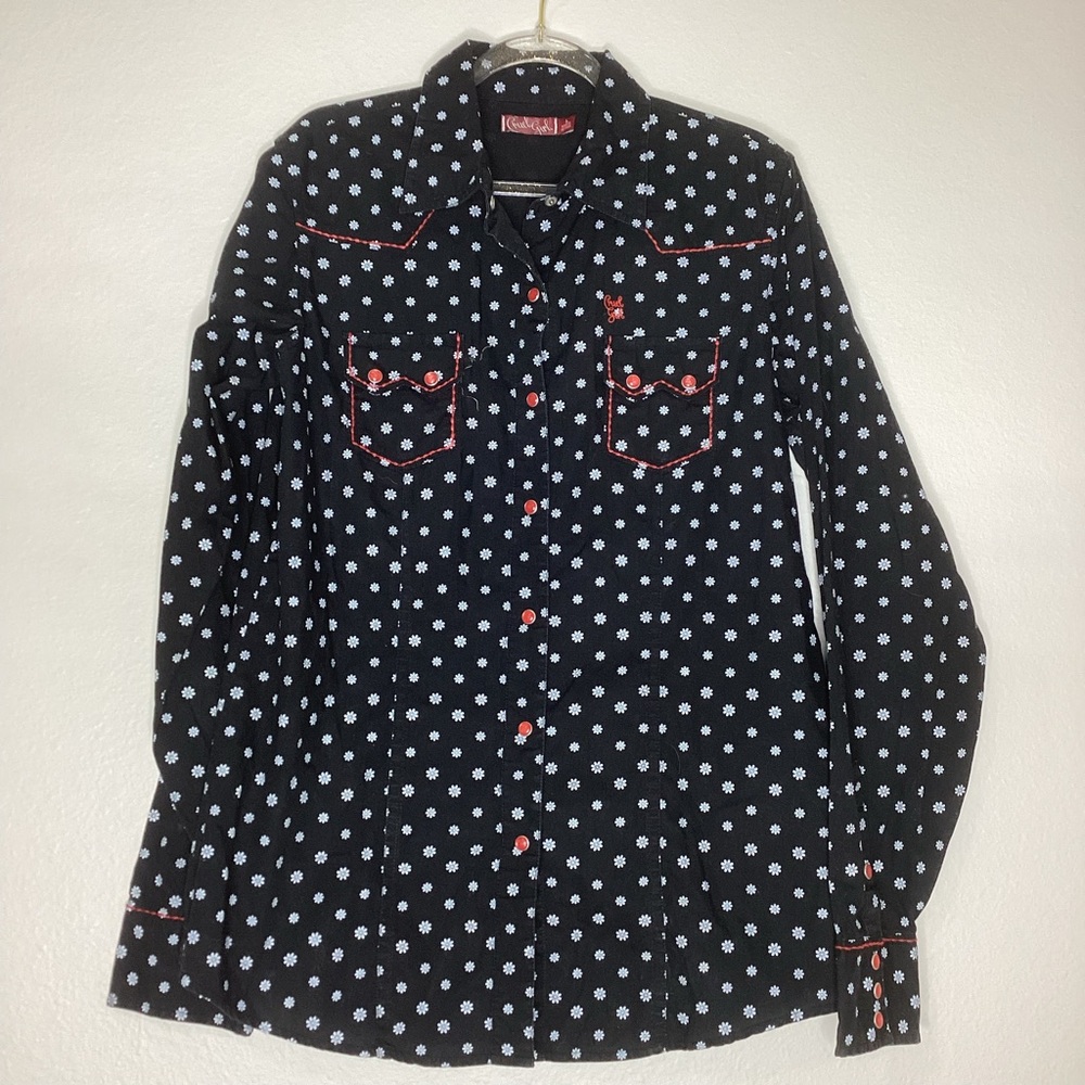 Cruel Girl Western Pearl Snap Shirt Black White Flowers Red Snaps Lg
